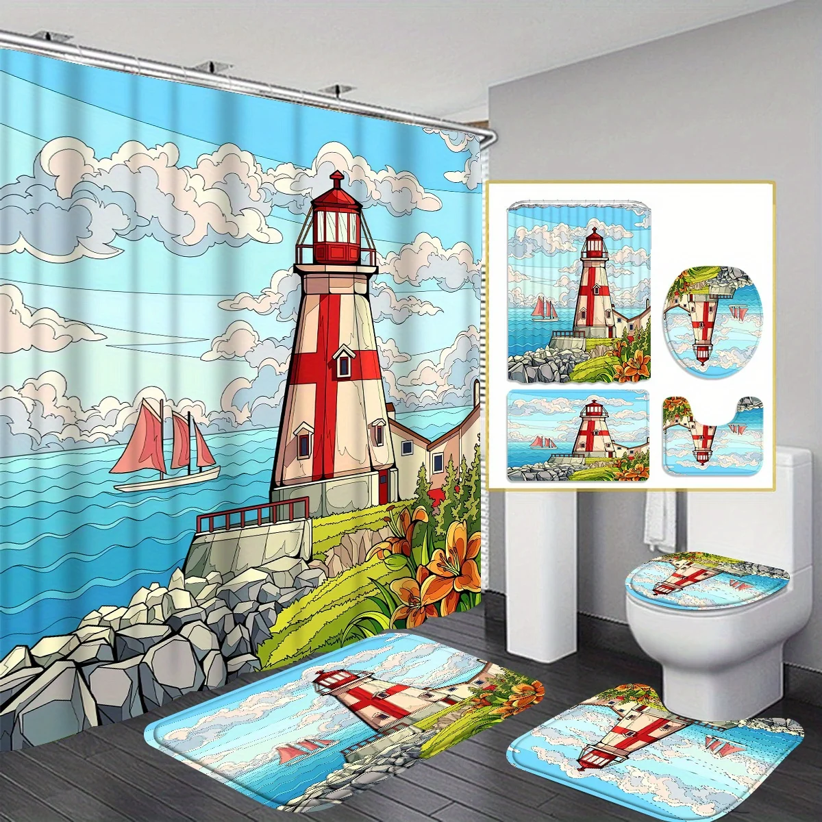 

Набор для ванной комнаты Lighthouse из 4 предметов, занавеска для ванной комнаты, впитывающий ковер для ванной комнаты, нескользящий U-образный контурный коврик и крышка унитаза