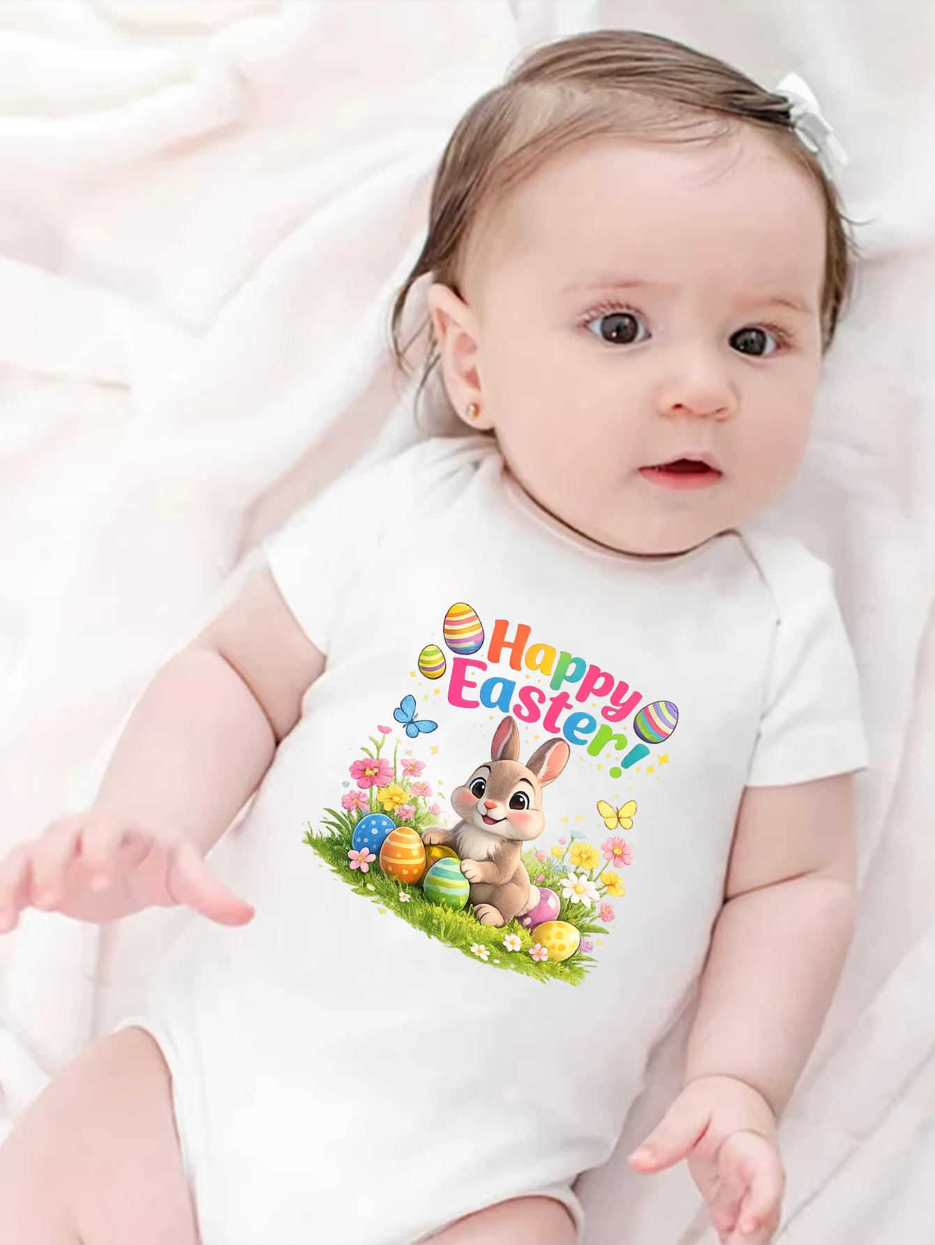 

Трикотажный комбинезон с принтом кролика и надписью "Happy Easter" для мальчиков и девочек, весна/лето, с короткими рукавами, для пасхальных вечеринок, детский