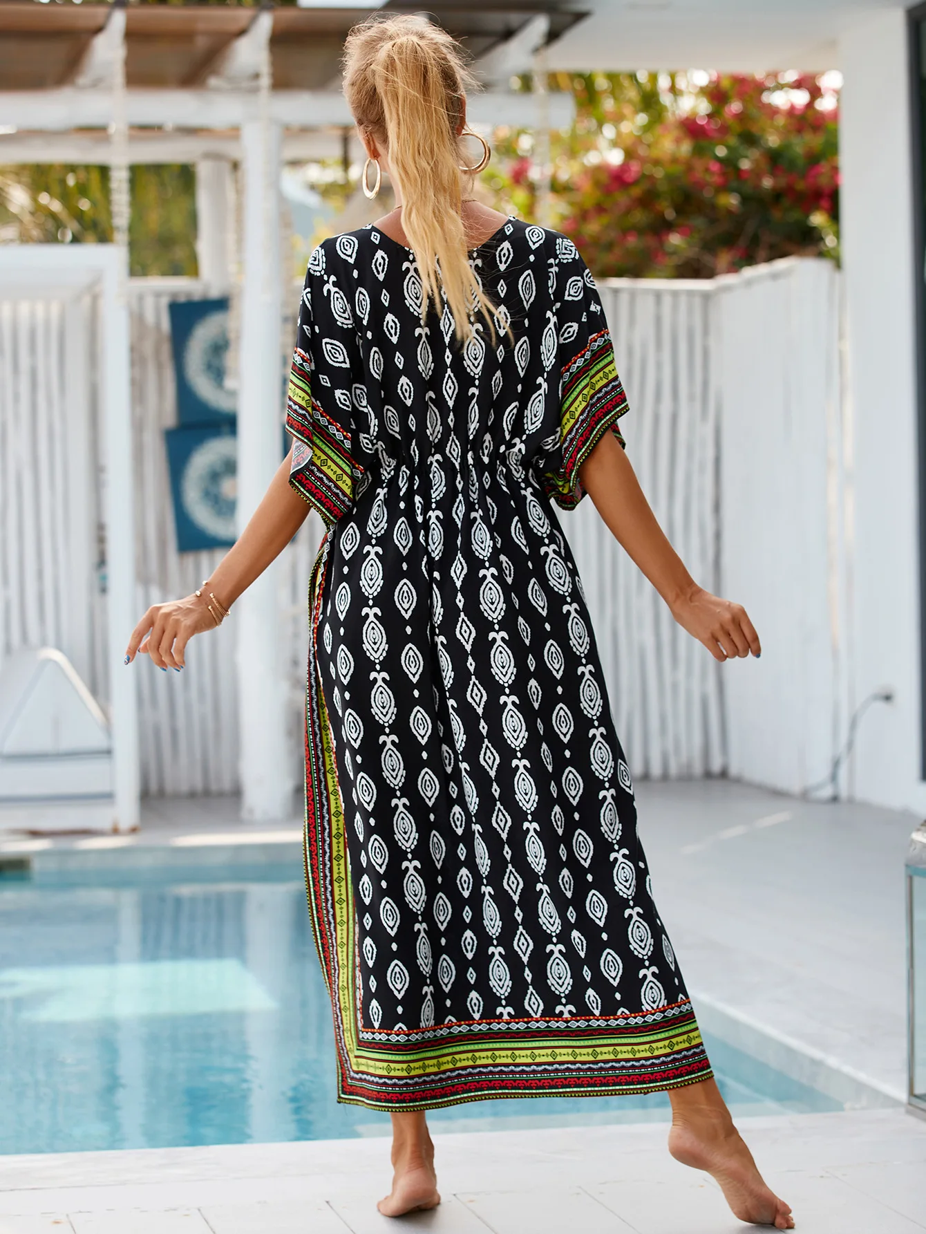 Women Summer Beach Dresses Printed Kaftans Drawstring Summer Holiday Cover Ups for Swimwear Bathing Suits