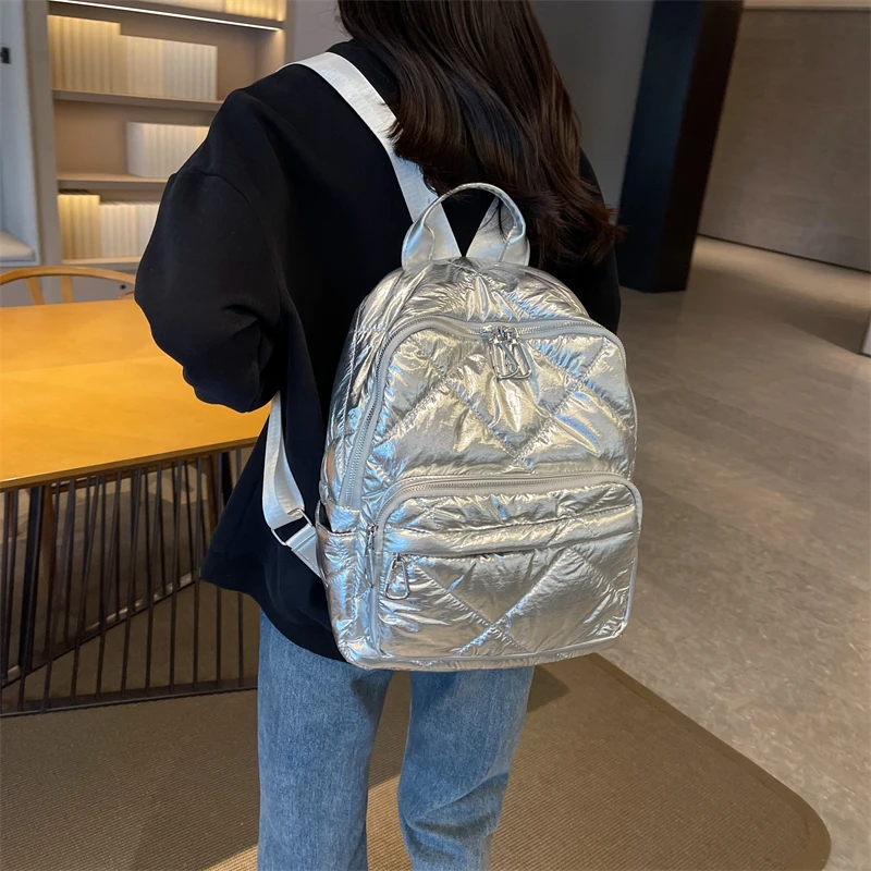 Winter Ultra Light Space Down Women Backpack Quilted Plaid Female School Bag Large Capacity Quilted Rucksack Dailytravel Bags