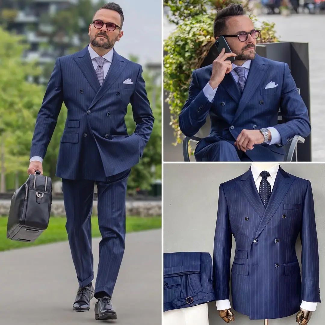 

Pinstripe Navy Blue Men suit Tailor-Made 2 Pieces Blazer Pants British Style Wedding Business Causal Prom Daily Tailored