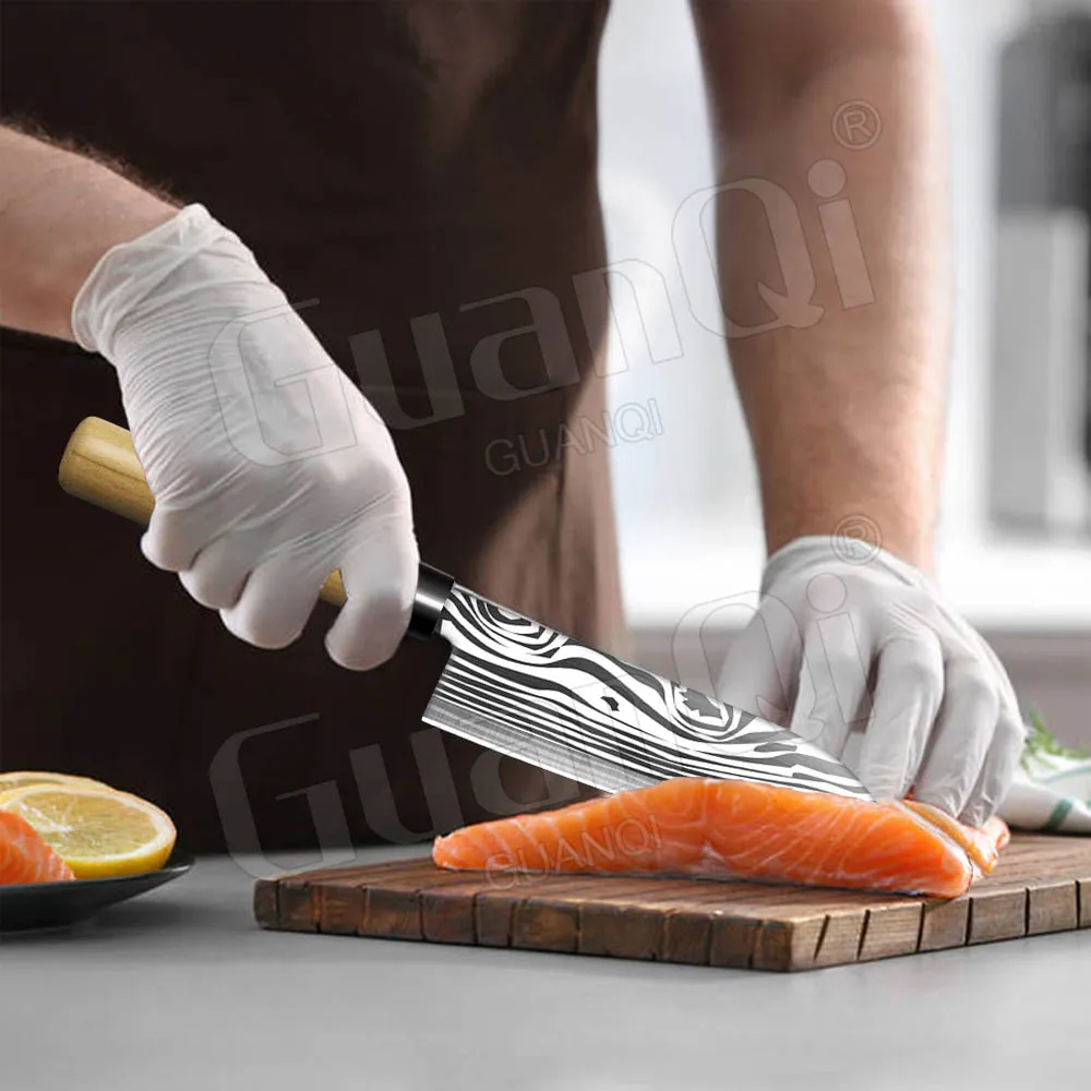 Japanese Salmon Sushi Knives Laser Damascus Chef Knives Sashimi Kitchen Knife Stainless Steel Cooking Cutter Japanese Knife Set