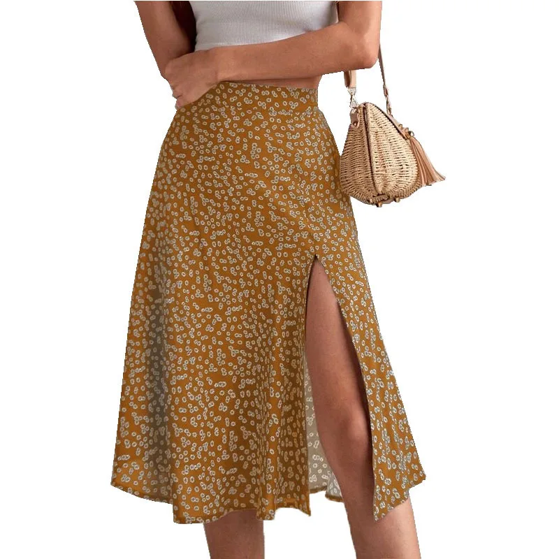 Women\'s Floral Print Split Thigh Skirt High Waist Bodycon Midi Skirts Summer Spring Boho A Line Female Long Dress