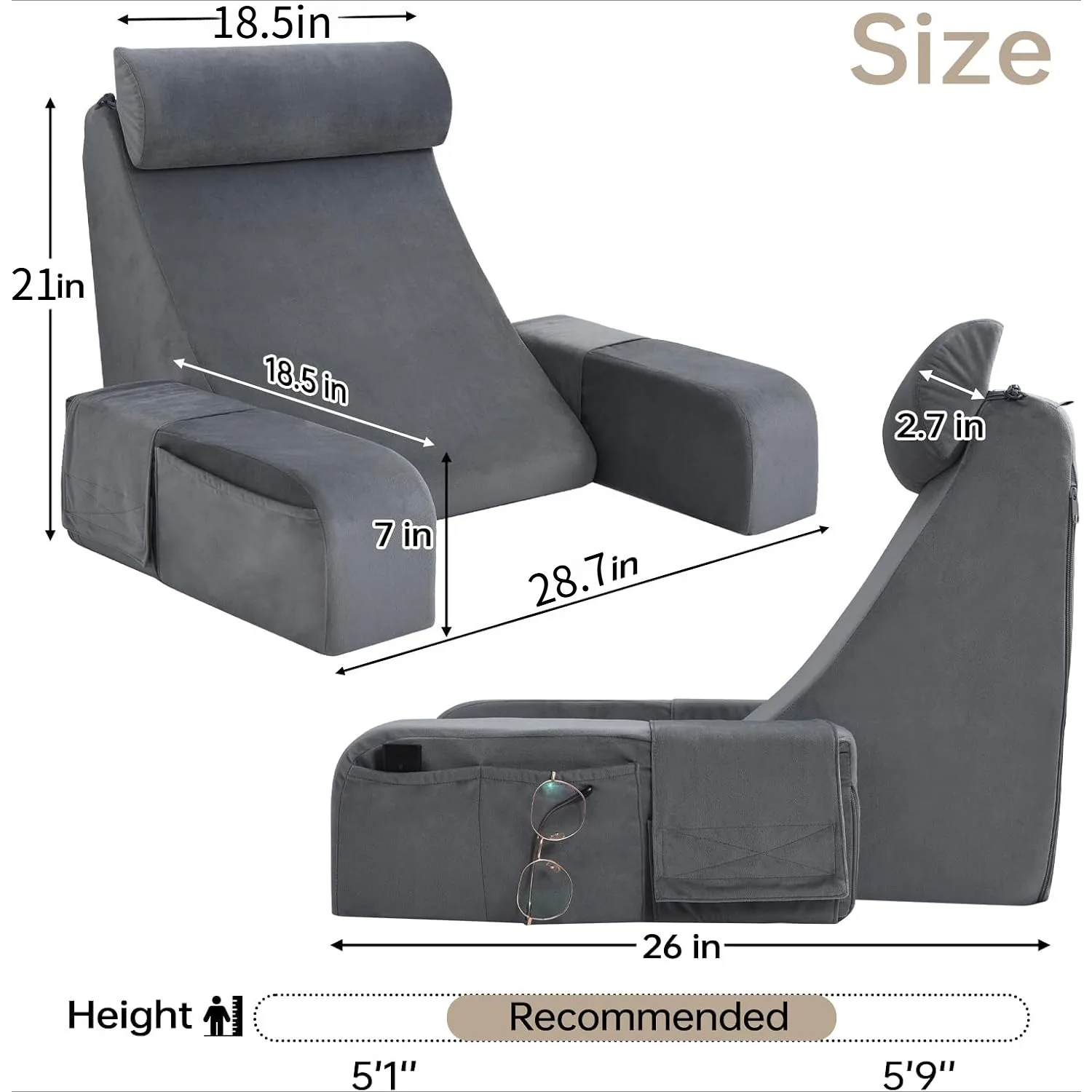 Grand coussin de dossier pour lit, coussin de lecture avec accoudoirs et poches, pour adultes, pour se reposer, regarder la télévision, allaitement et récupération
