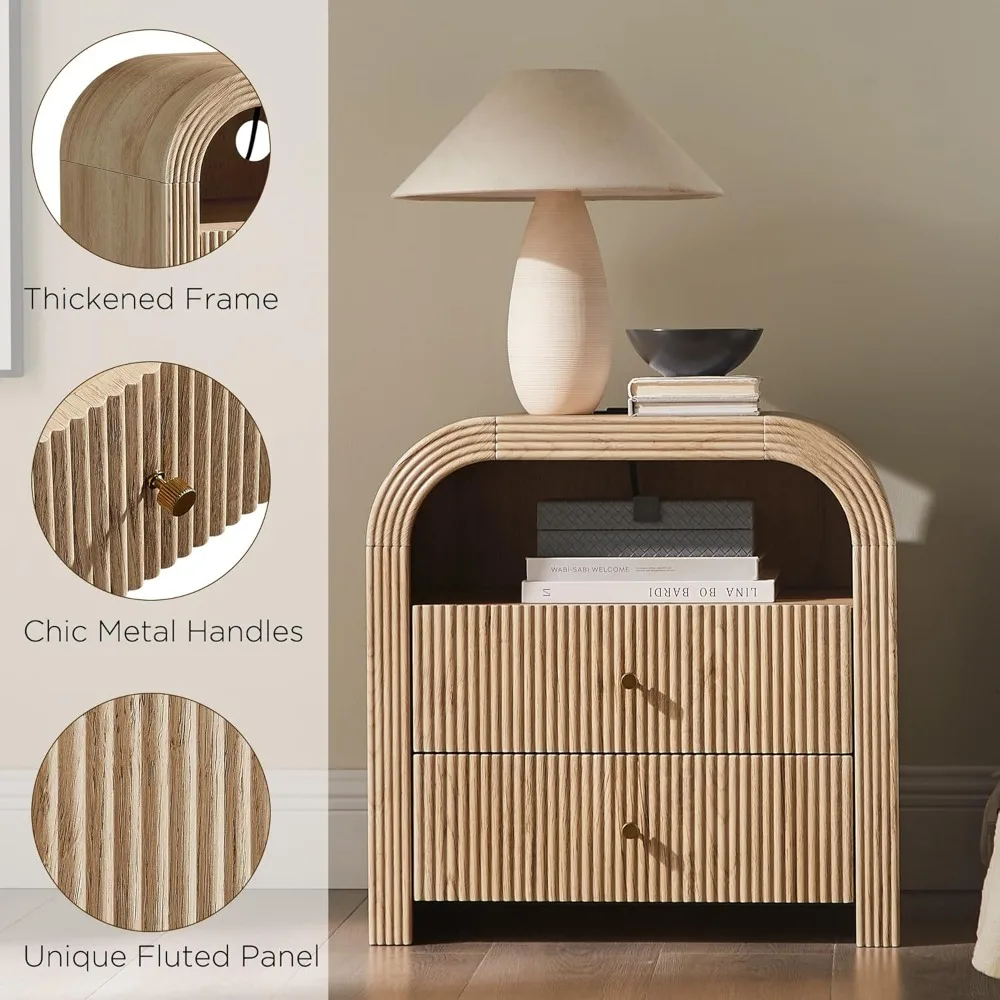 مجموعة كبيرة منضدة حديثة ذات درجين مع قاعدة شحن، تصميم مخدد، طاولات تخزين بجانب السرير لغرفة النوم #6