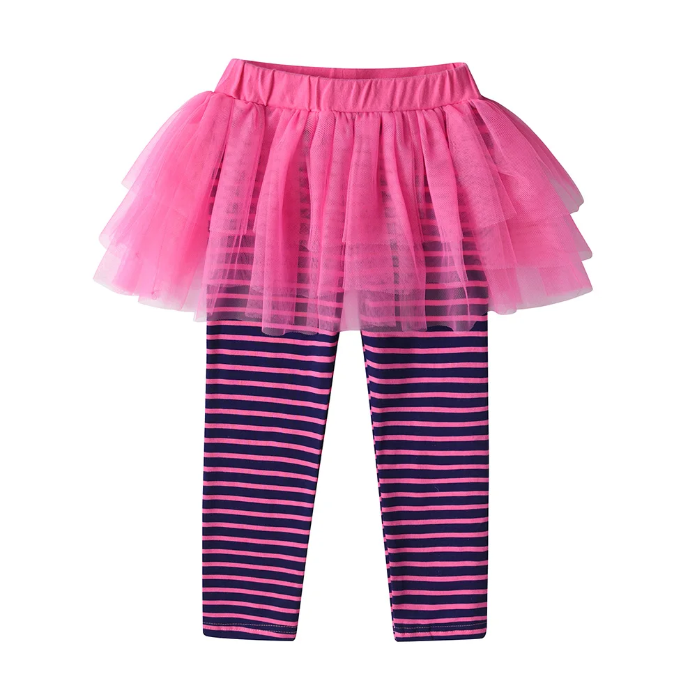 VIKITA Toddlers Girls Striped Leggings with Pink Tulle Mesh Skirts Fake 2 Pcs Kids Cotton Casual Daily Princess Pants Trousers