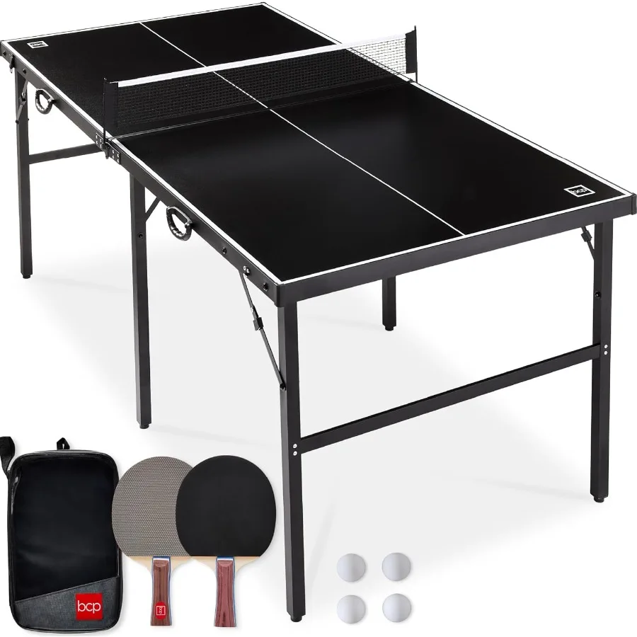 

6x3ft Portable Mid-Size Folding Ping Pong Table for Indoor and Outdoor Use with 2 Paddles and 4 Balls Included Compact Design w