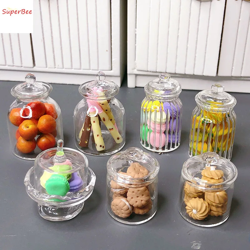 1:12 Dollhouse Miniature Items Mini Cookies Dot Heart Cookie Glass Jar Model for Dollhouse Furniture Decoration Accessories