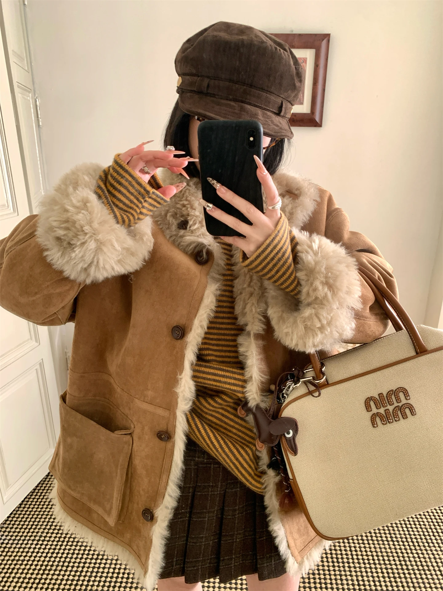 Dubbelzijdig te dragen suède jas Dames casual winterjas van leer met geïntegreerd bont, warme, dikke, lange mouwen, middellange jas