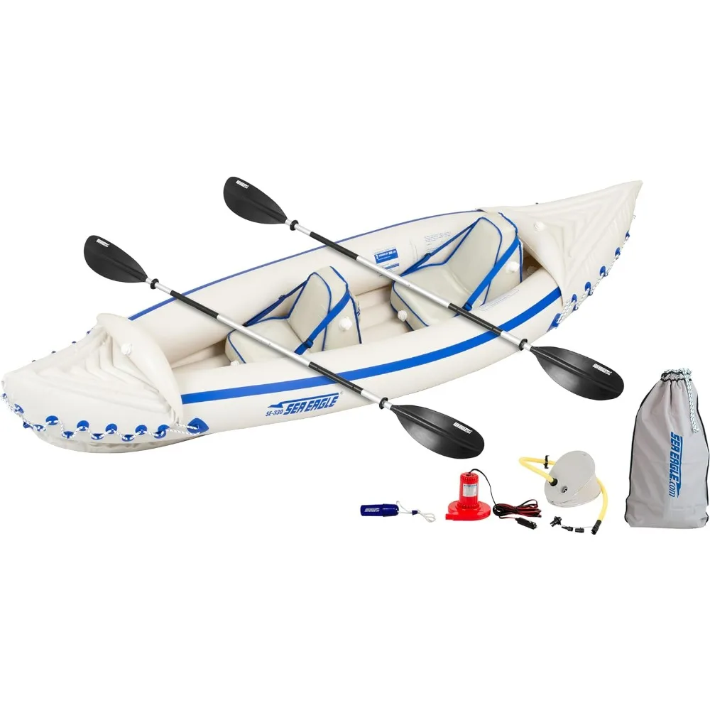 SE330 Two Person Inflatable Sport Kayak Boat with Seats, Paddles, Bag and Electric Pump-Affordable-Lightweight-Portable