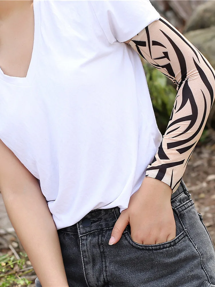 1 Pc Summer Tattoo Sleeve UV Solar Arm Cover Cycling Cuff Quick Drying Cool Breathable Ice Silk Anti-Sunburn Print Tattoo Sleeve