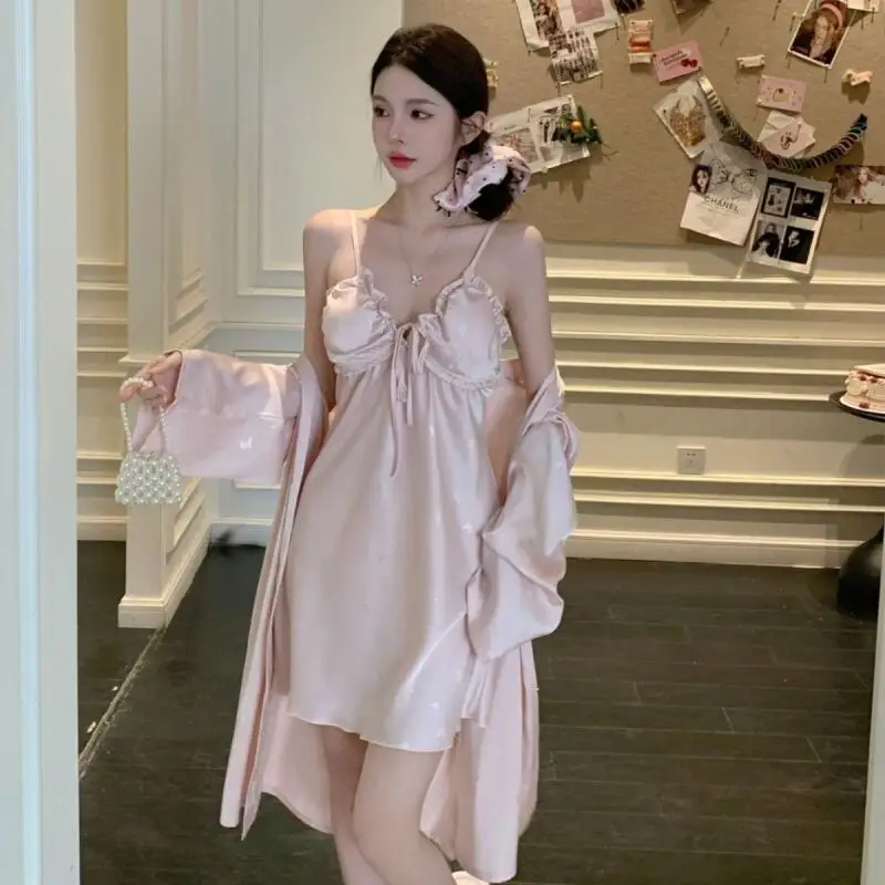 

Women Sexy Robe Set 2Pcs Kimono Bathrobe Gown Mini Slip Night Dress Sleepwear Bownot Chenise Sleepwear Loungewear Nightwear