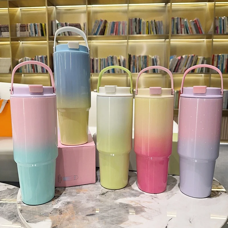 

Gradual Change of Color Stainless Steel Thermal Insulation Kettle with Straw Double Drinking Large Capacity High Value Water Cup