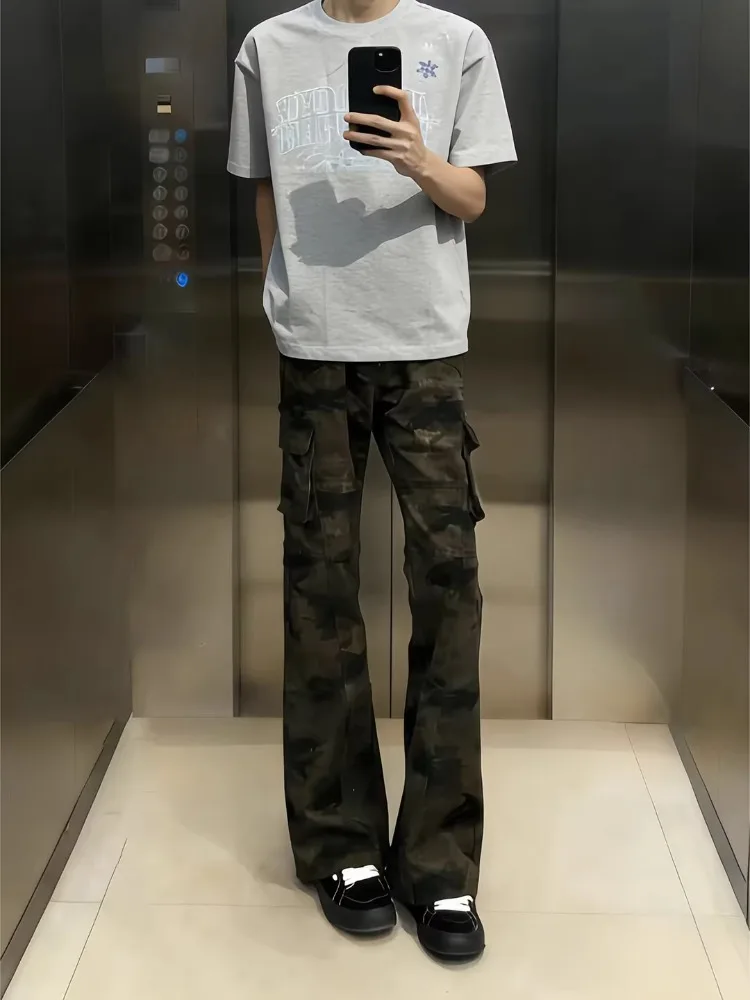 

American High Street Camouflage Workwear Jeans Men's Spring Autumn New Cleanfit Slim Micro Flare Straight Leg Pants