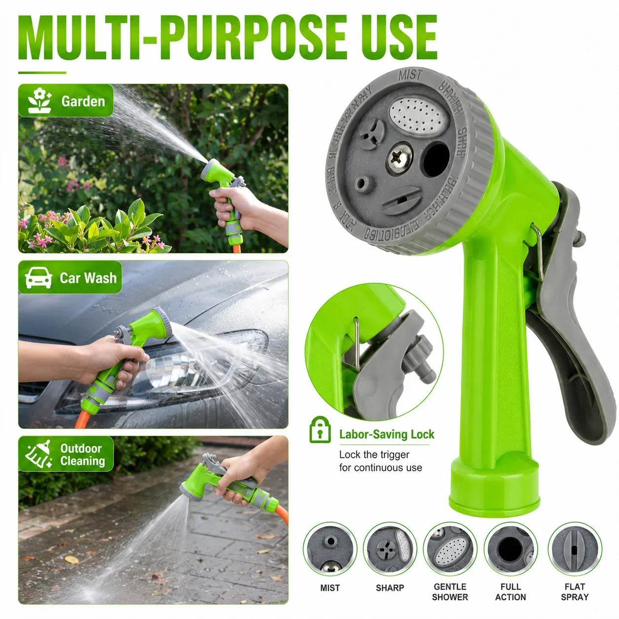5-Pattern Garden Hose Spray Gun Adjustable Watering Nozzle with Trigger Lock for Plant Watering, Car Washing and Outdoor Cleanin