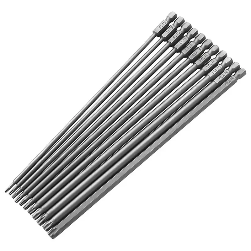 11Pcs Extra Long Bit Set S2 Steel Security Bits 200Mm Medium hole screwdriver head， Magnetic Head Included
