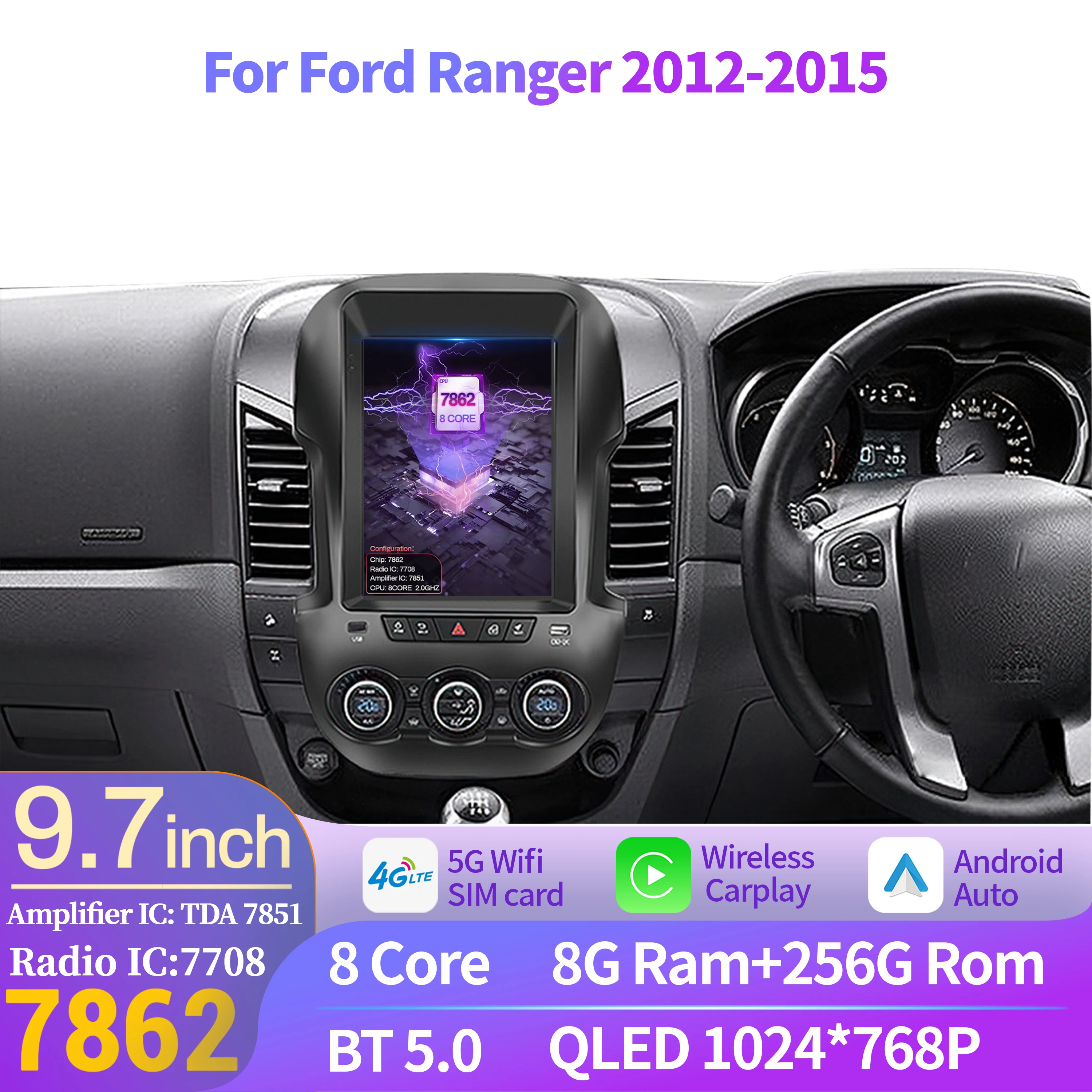 

9.7" Android 14 For Ford Ranger 2012-2015 Car Multimedia Stereo Navigation GPS Wifi Bluetooth Radio Head Unit QLED Screen