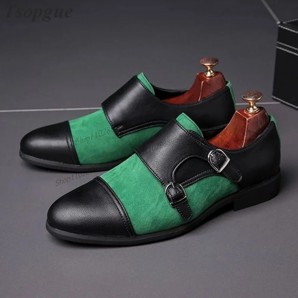 Pumps masculino de cinta de fivela estilo britânico patchwork, sapato de passarela masculino, sapato casual de festa, preto e verde