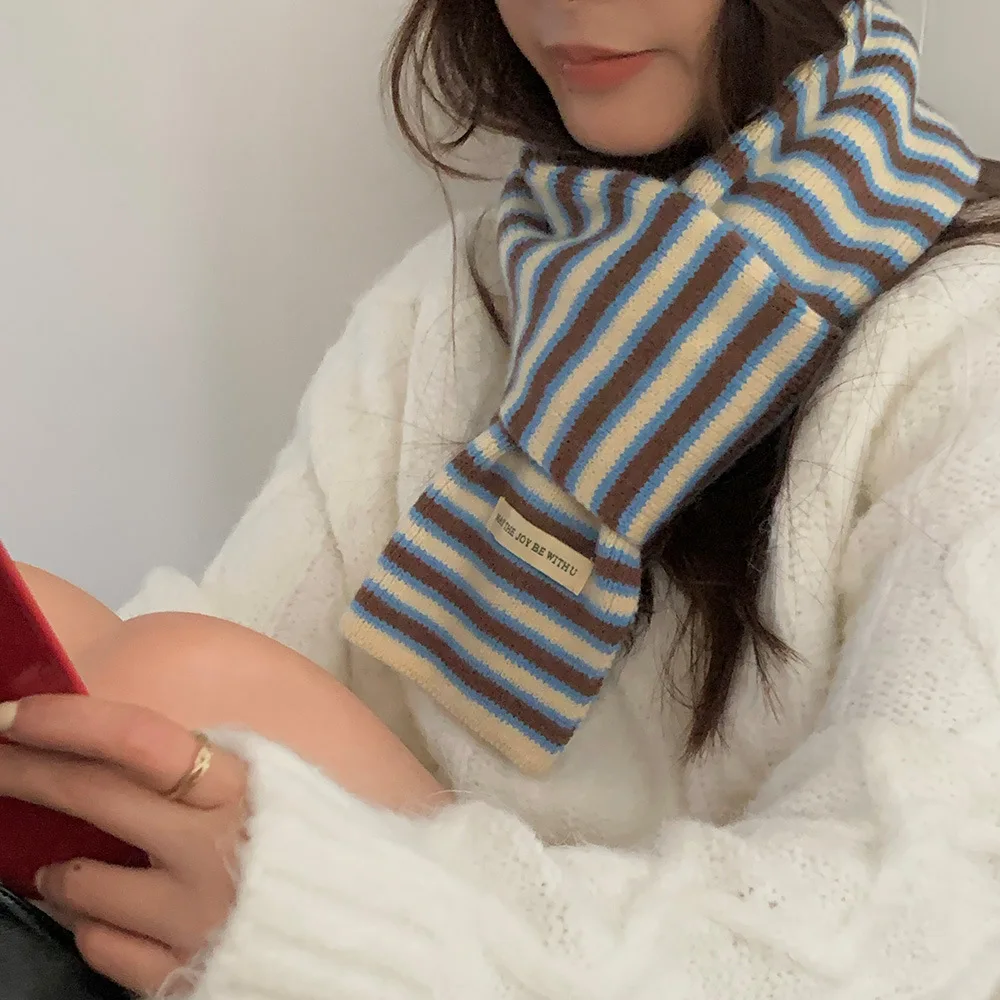 Korean Version Women\'s Scarf Rainbow Striped Knitted Scarves for Female Winter Simple and Warm echarpe femme hiver bufanda