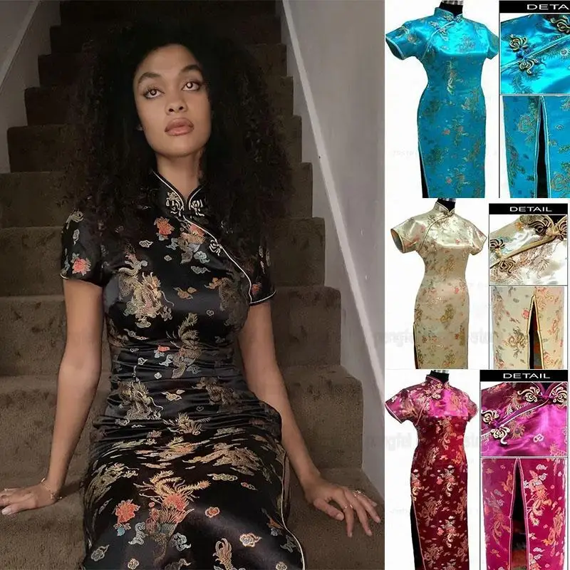 

Black Qipao Women Sexy Chesongam Print Dragon Qipao Dress Big Size 3Xl 4Xl 5Xl 6Xl Vestidos Fashion Streetwear Casual Dresses