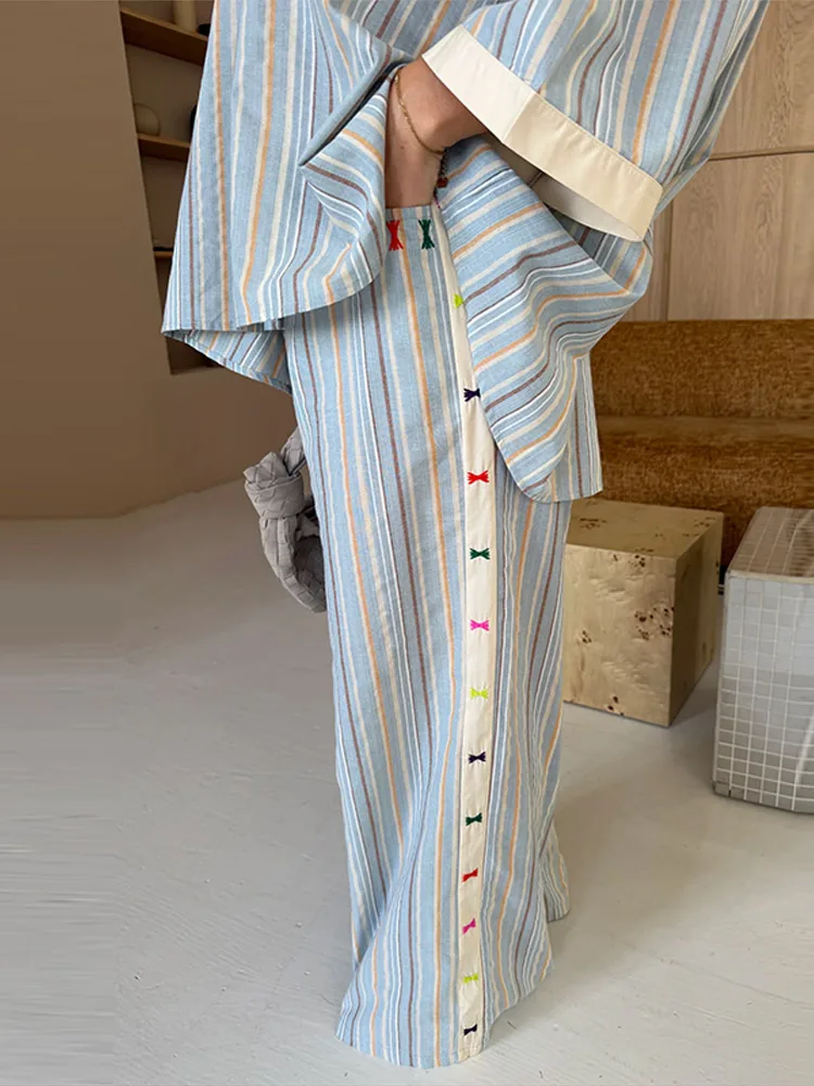 Gestreifte Oversize-Hemd-Hosen-Kombination für Damen, Lässiges Langarm-Oberteil mit Einzelknopfleiste, Weite Hosen, Schicke Damen-Sets – Detail 14