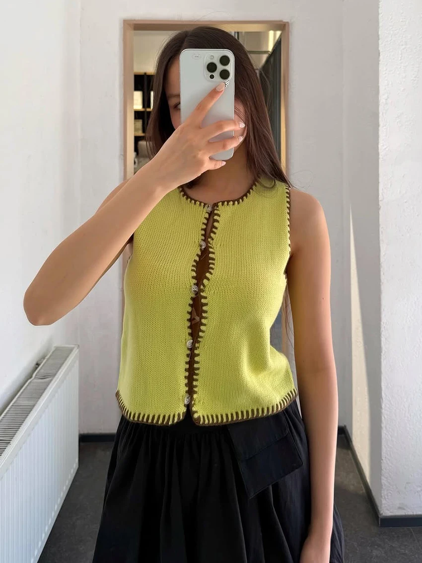 

Женский укороченный топ Parc Fee Summer Slim Yellow 2026: Сексуальный, с круглым вырезом, без рукавов, элегантный, классический, однотонный, женская одежда