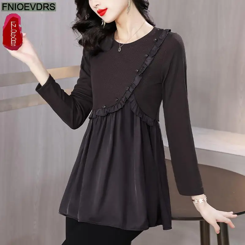 L-5XL Loose Clothes 2023 Women Autumn Elegant Ruffles Basic Shirts Retro Patchwork Black Tunic Peplum Tops And Blouses