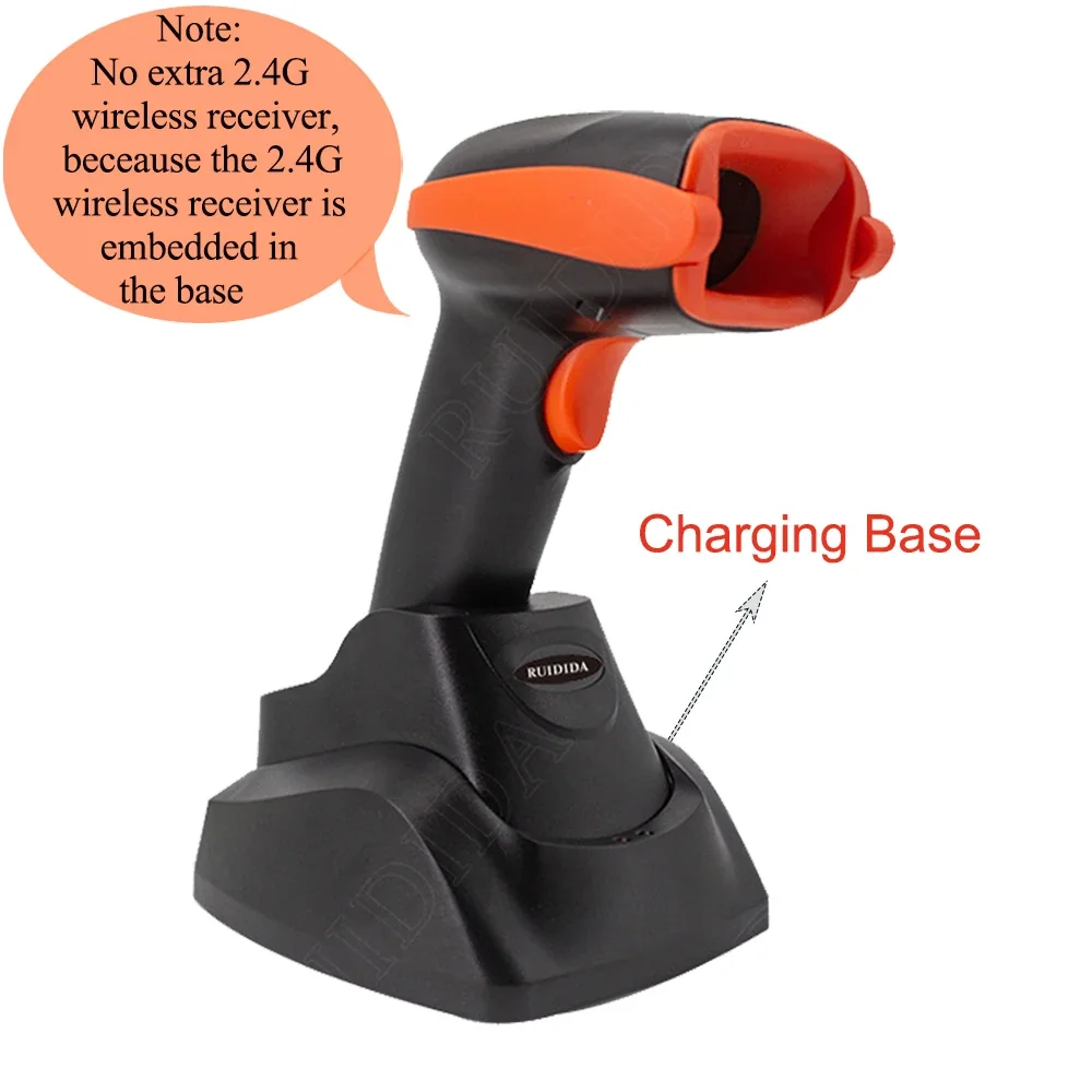 

Беспроводной сканер штрих-кода QR-кода Беспроводной или Bluetooth-считыватель кодов Ручной считыватель штрих-кодов с зарядной базой PDF417 Сканер кода DM