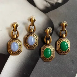 Court vintage natural stone geometric distressed geometric square pendant earrings for women antique green classic eardrop