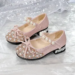 Silver/pink Girls Leather Shoes Non-slip Pearl Bow Spring and Autumn Outdoor PU Girls Casual Leather Shoes Sandalias De Mujer