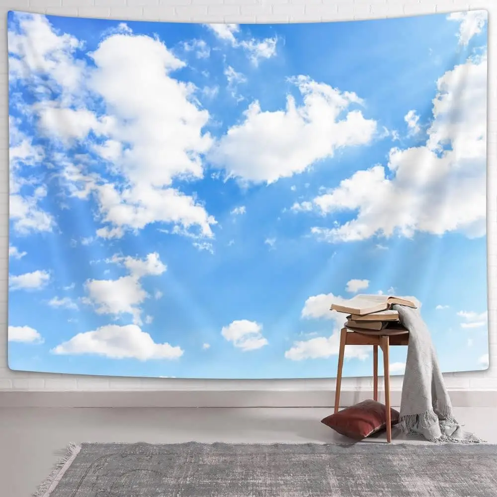Light Blue Wall Decor Tapestry Blue Sky White Clouds Natural Landscape Tapestries Wall Art Hanging, Summer Sunny Peace Nature