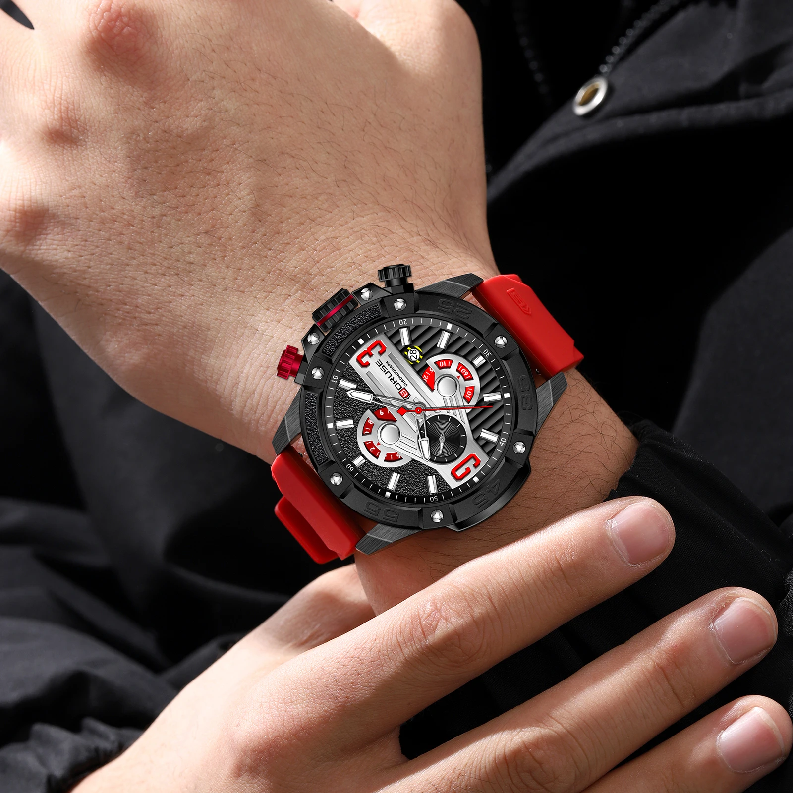 BORUSE Sport Quartz Red Watch for Men Luxury Wristwatches Chronograph Waterproof Casual Clock Montre Homme