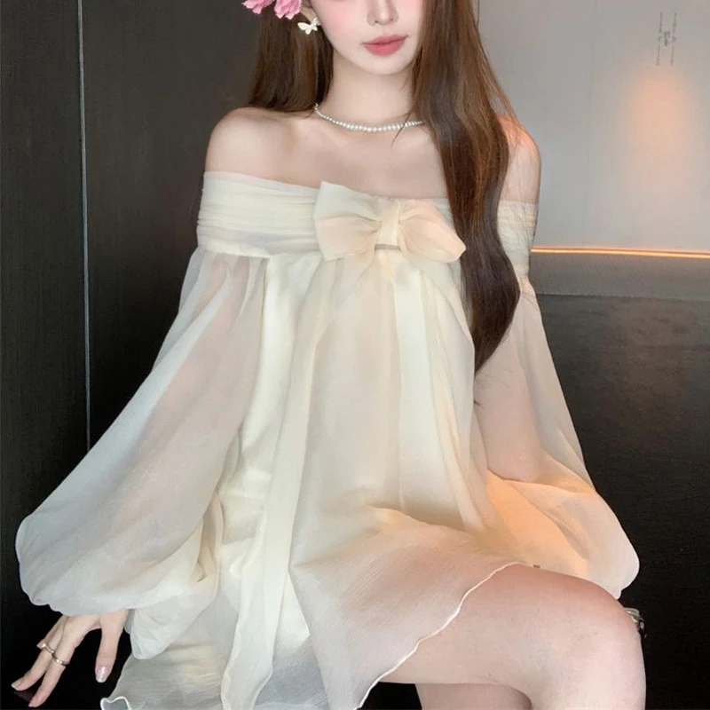 

Women Sexy Off Shoulder Bow Cute Sweet Fairy Mini Dress Y2K Korean Solid Long Sleeve Loose Irregular Dresses Vestidos