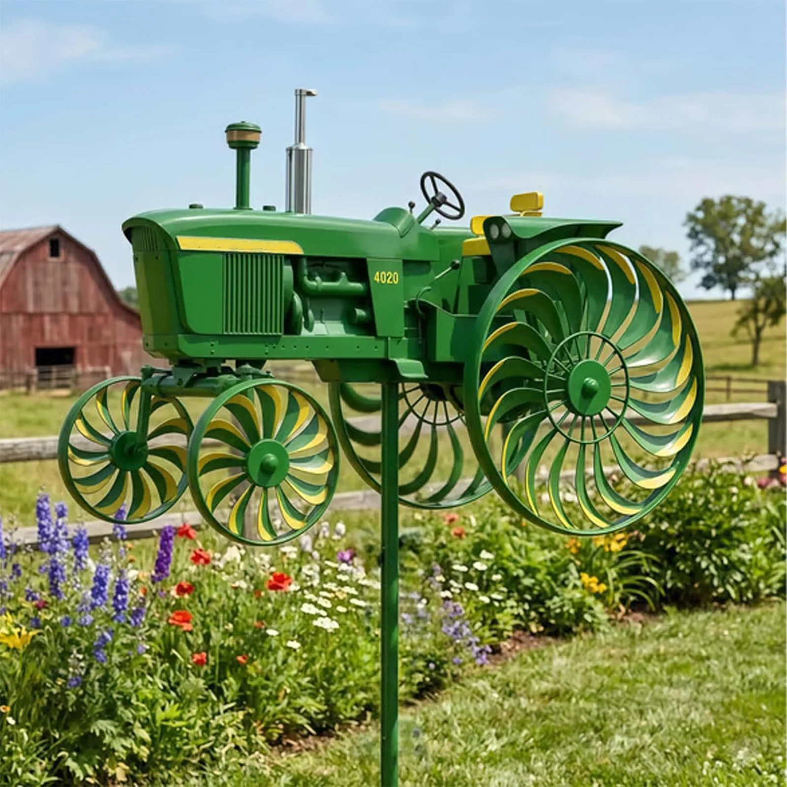 Metal Wind Spinner w/ Rotating Wheels Green Tractor Windmill Stake Wind Sculpture Decorative Unique Outdoor Sculptures Ornaments