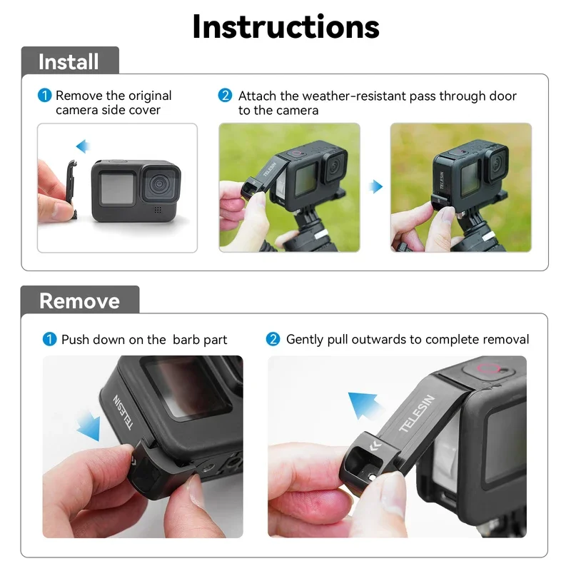 باب شحن TELESIN IPX8 - غطاء منفذ من النوع C سريع التحرير لحافظات GoPro Hero9-12/DJI Action 3-4 المقاومة للماء