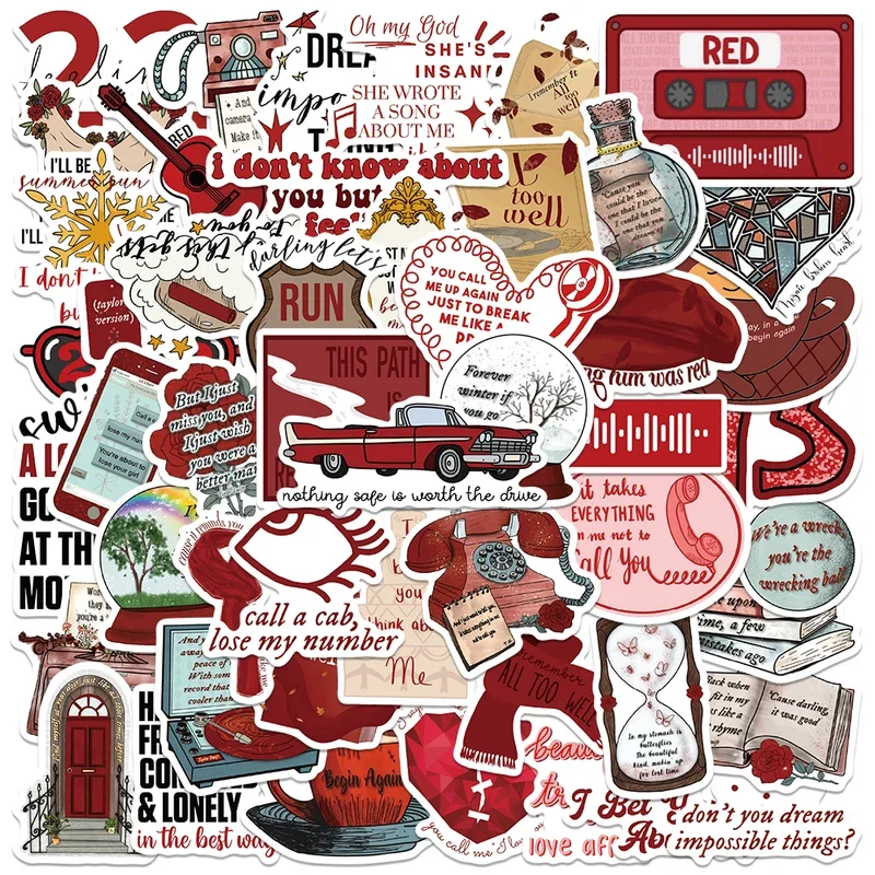 10/30/50Pcs Aesthetic Cartoon Famous Singer Taylor Red Album Lyric Sticker For Laptop Water Bottle Luggage Notebook Vinyl Decals
