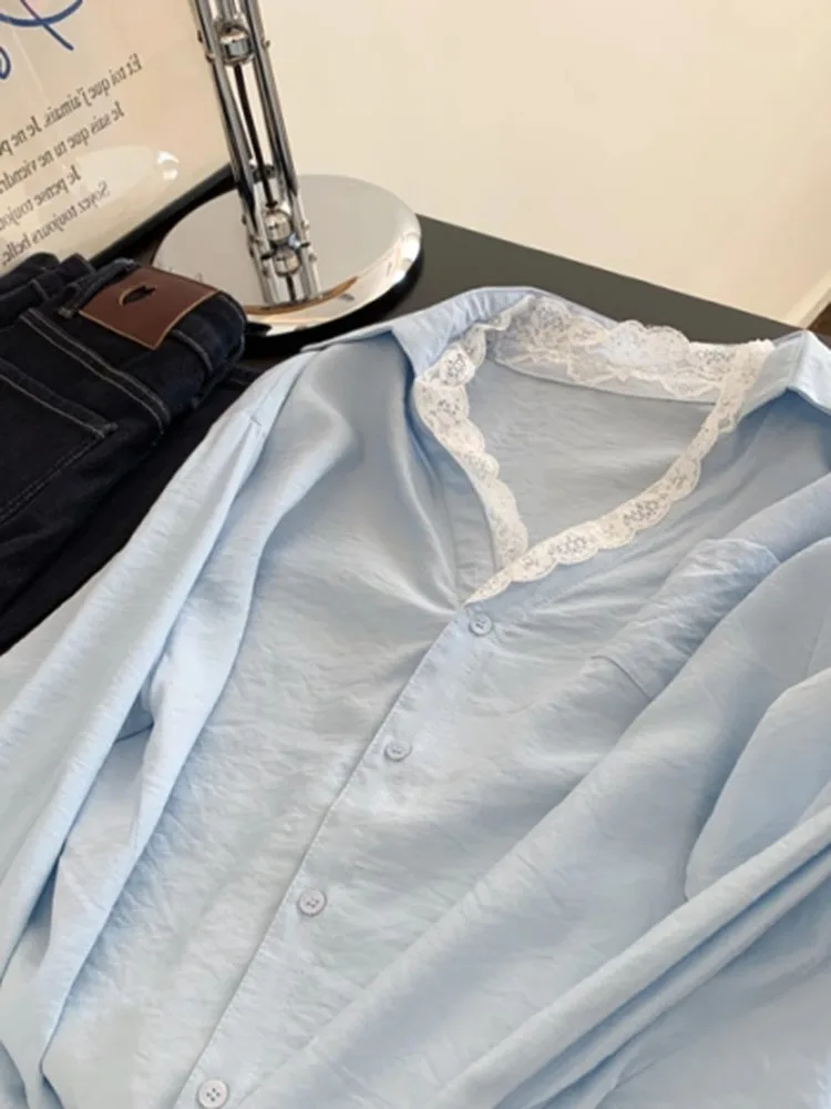 

Korean-sle Lace Paneling irt MenWomen SpringAutumn Unique Exquisite Not Rejective Blue Loose Fit Long Sve Dr