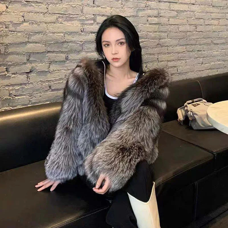 Faux Fox Fur Coat,Winter Thermal Jacket,Silver fox Hooded Fur Coat,Cardigan Fur Coat,Women's Fleece High Quality Coat