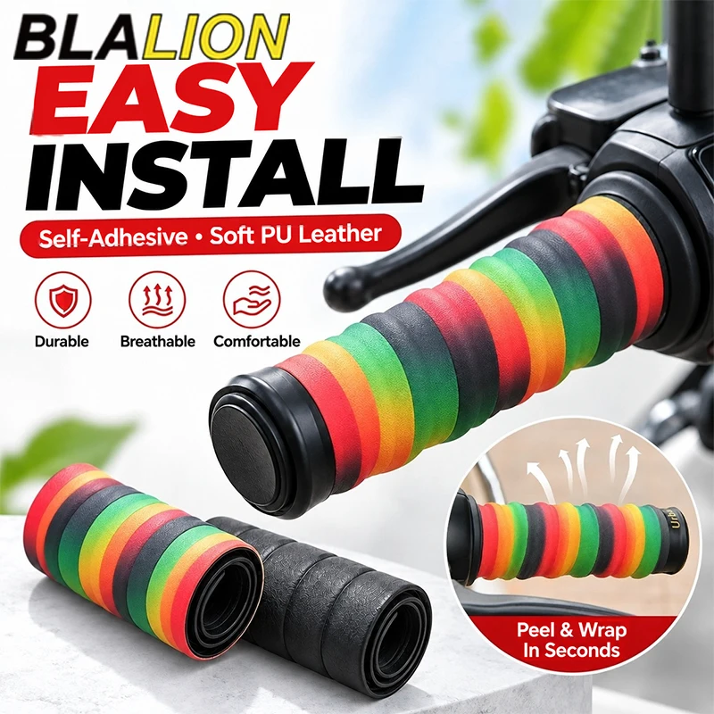 BLALION PU Leather Self-Adhesive Motorcycle Handlebar Tape Anti-Slip Breathable Handle Wrap Easy Install for E-bike Scooter