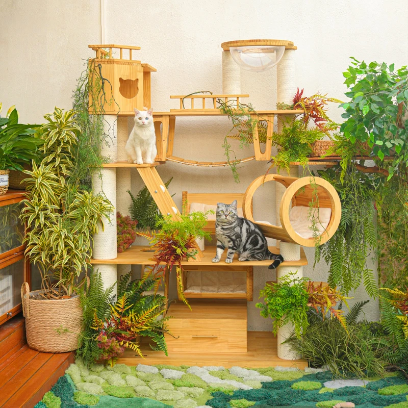 High Quality Large Luxury Cat Tree Multi-Level Solid Wood Cat Condo Floor To Ceiling Design Sustainable Feature