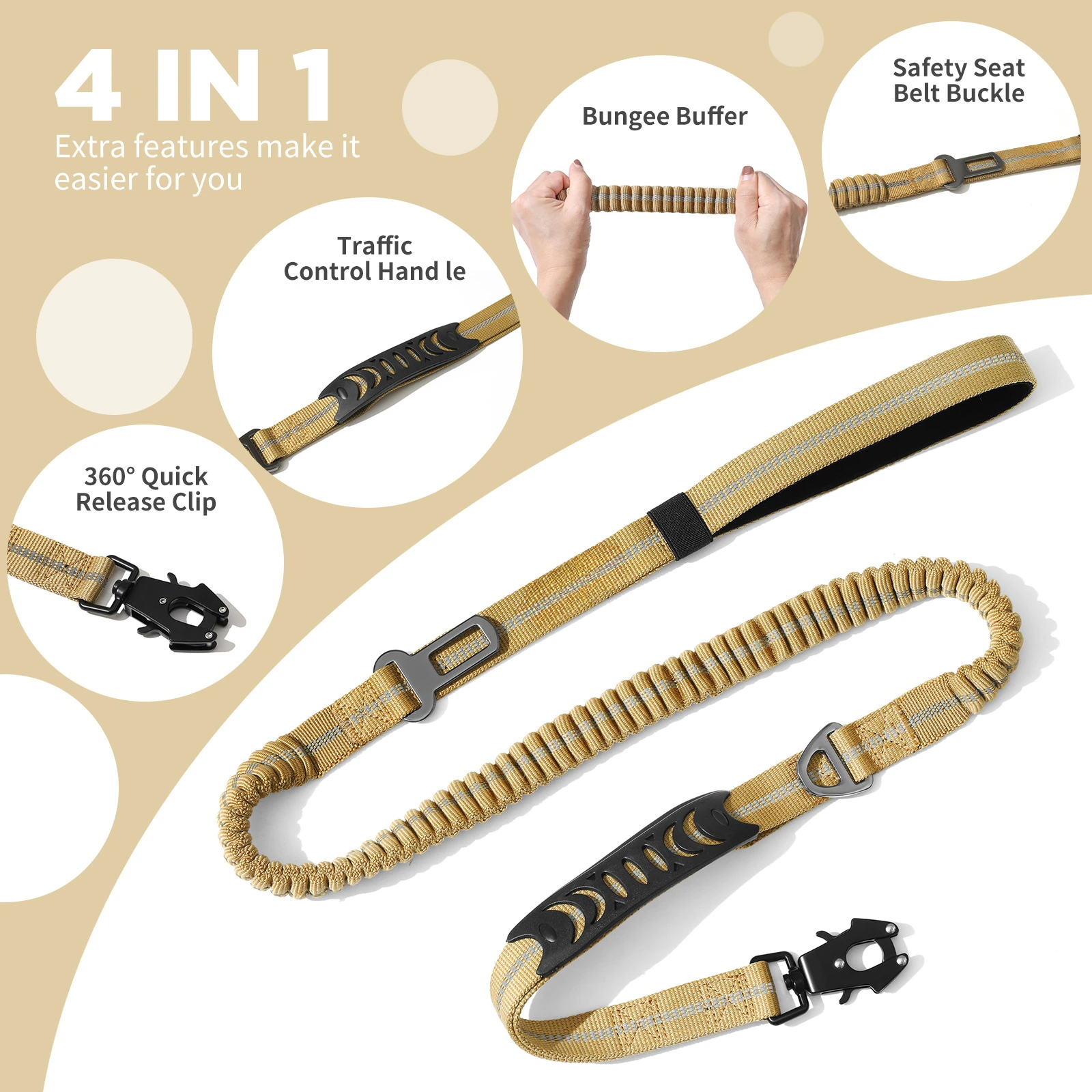 Tactical Dog Leash Heavy Duty Shock Absorbing Bungee Dog Leash with 2 Handle, Metal Clip, Seatbelt for Medium Large X-Large Dogs