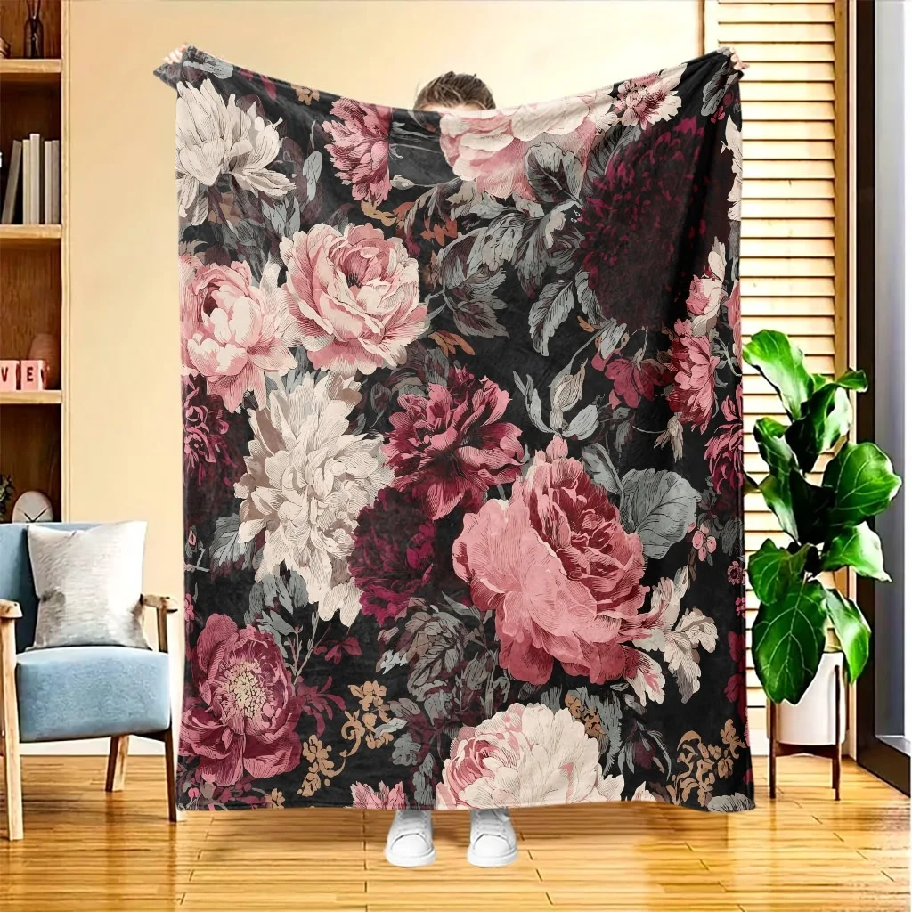 Black Background Vintage Pink White Peony Grey Leaf Flannel Throw Blanket,Soft Blanket For Sofa Room,Dark Floral Home Decor Gift
