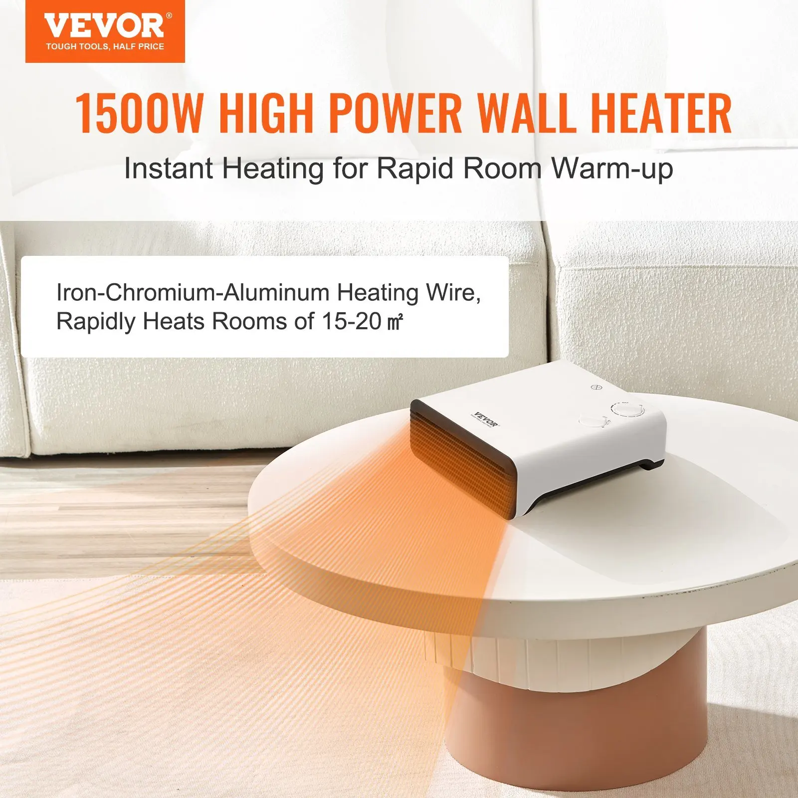 VEVOR Electric Wall Heater 1500W, Small Space Heaters with Knob Adjustment, Tip-Over & Overheat & IPX24 Waterproof Safety Protec