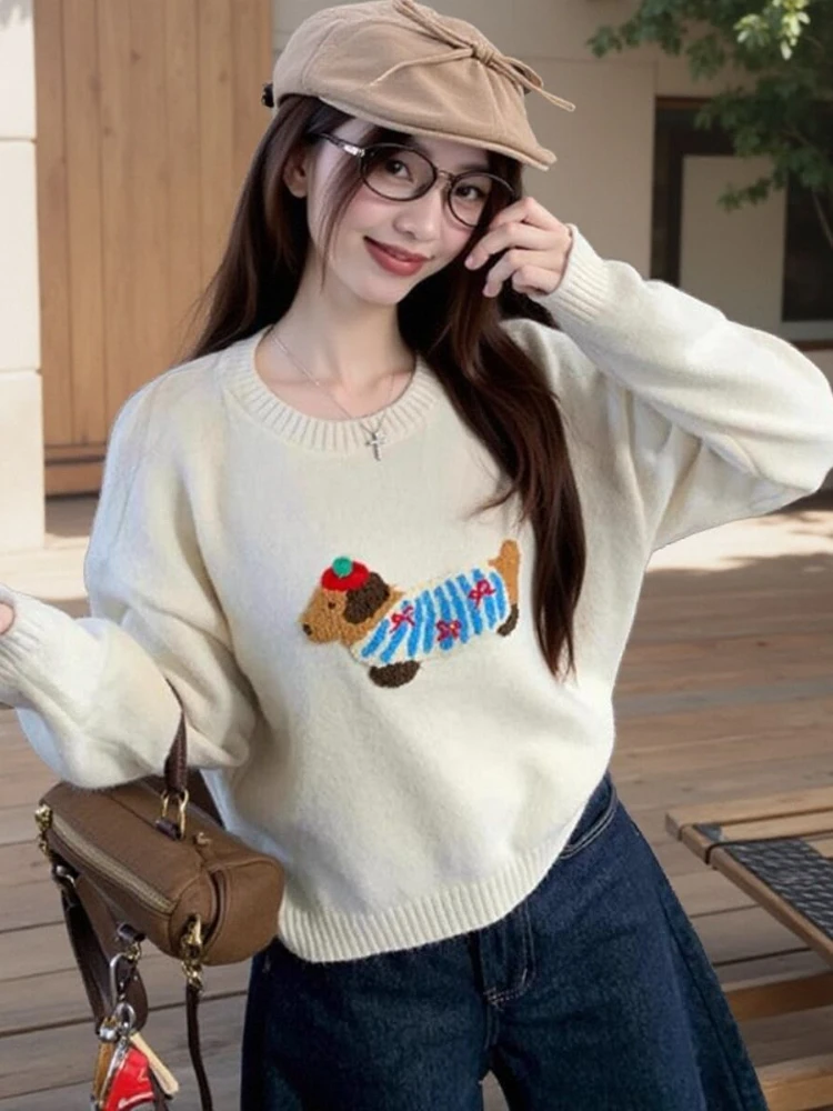 Korean Fashion Cute Sweaters Cartoon Jacquard Long Sleeve O Neck Preppy Style Pullovers All Match Casual Loose Women's Clothing