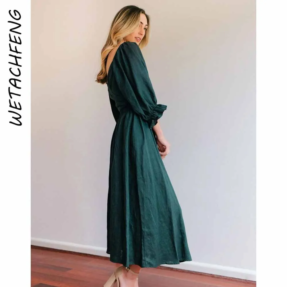 Elegante Groene Lange Jurk Lace Up Riem Ruches Lantaarn Mouw Herfst Katoen Jurken Holiday Party Boho Night Avond Vestidos