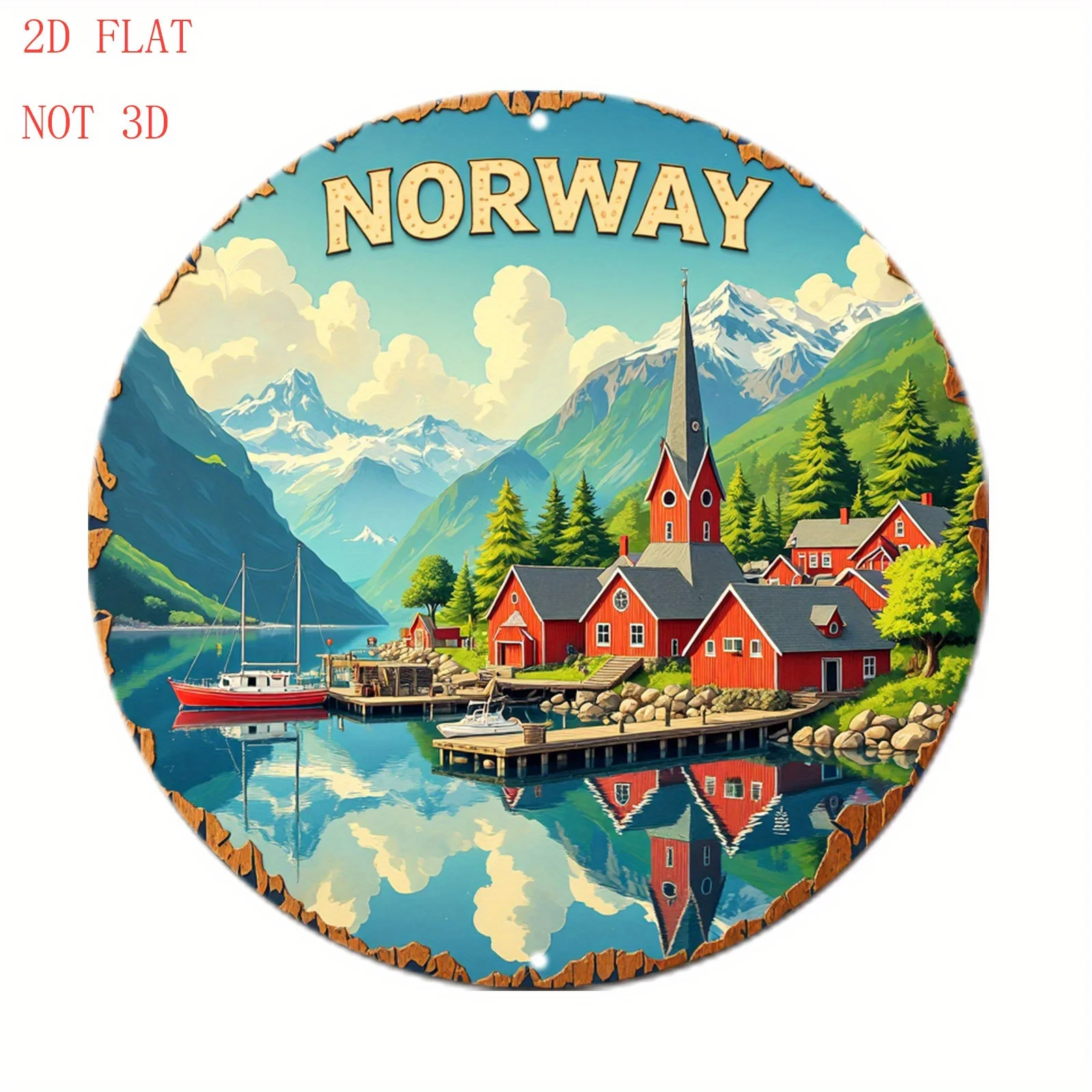 2D Flat Decorative Painting, 1pc Norwegian Village Mural - Rural Farmhouse Style Norwegian Fjord Landscape Reflection Pattern, D