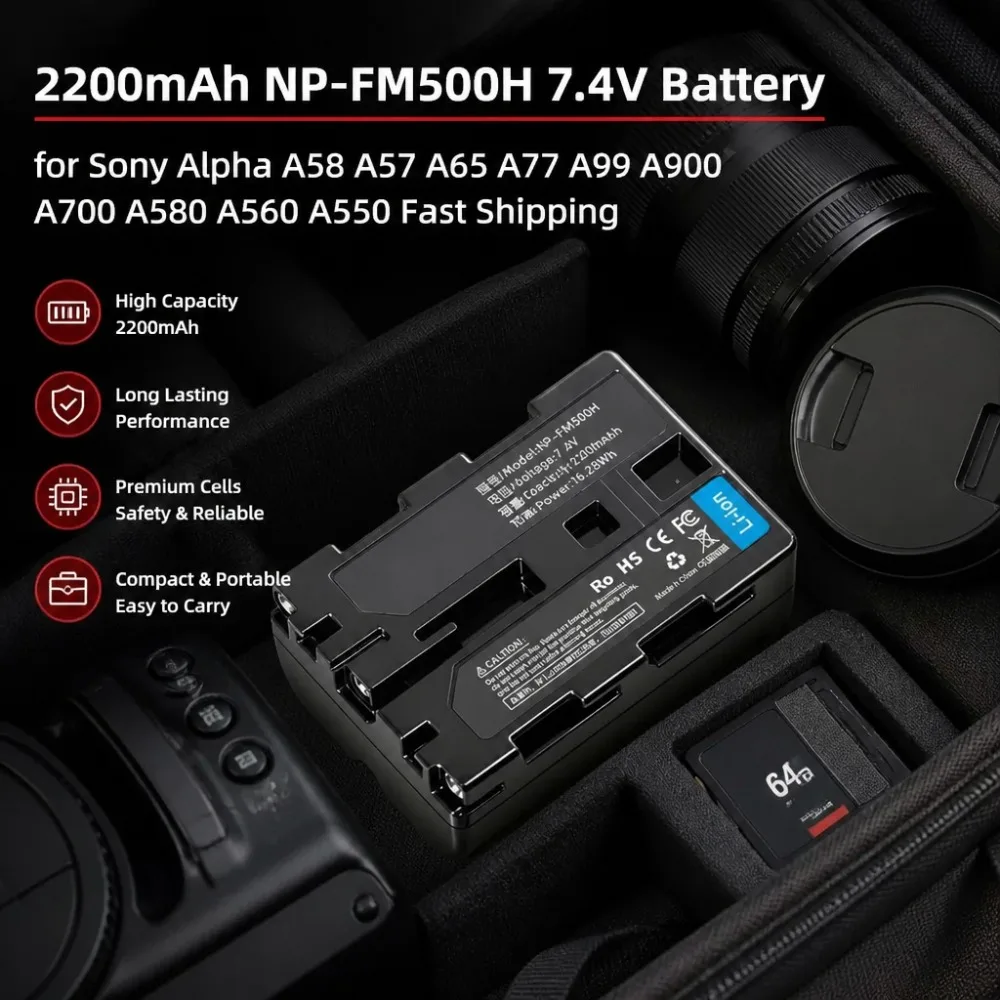 High-Quality New 2200mAh NP-FM500H 7.4V Battery for Sony Alpha A58 A57 A65 A77 A99 A900 A700 A580 A560 A550