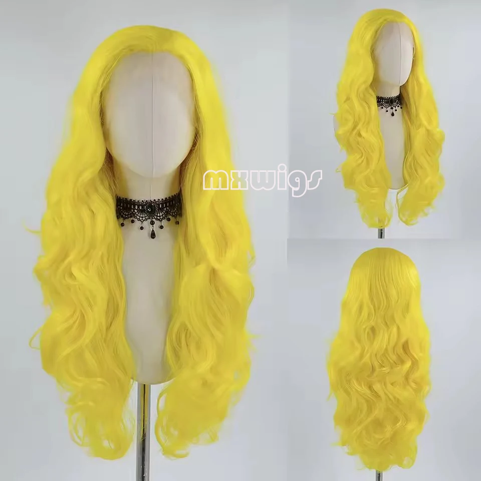 MXWIG Synthetic Hair Loose Wave Yellow Glueless 13X4 Lace Front Wig For Black Women Preplucked  Long Daily Fiber Cosplay