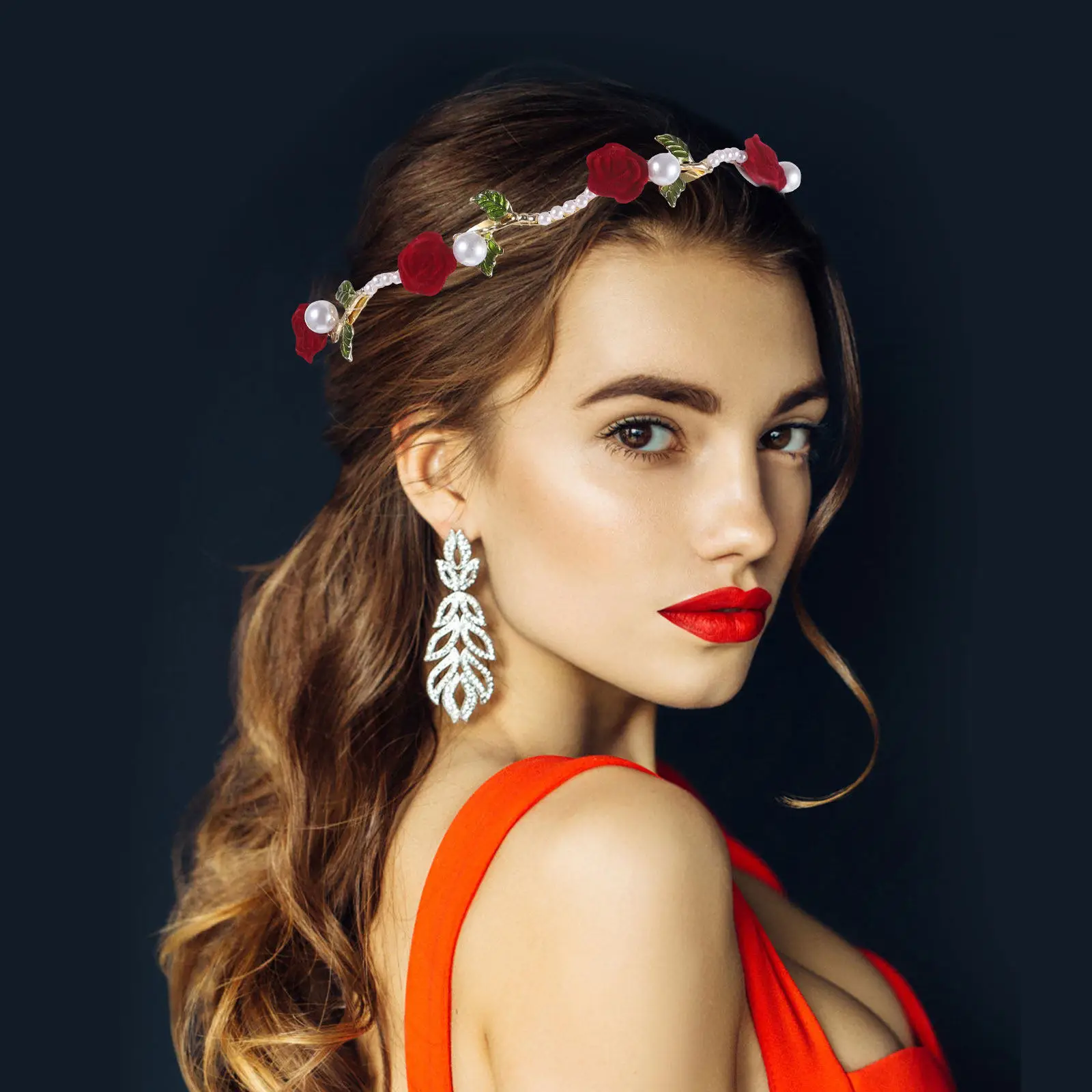 

Red Rose Alloy Headband Pearl Flower Women Bridal Hair Accessory Elegant Wedding Birthday Party Hairband for Teens