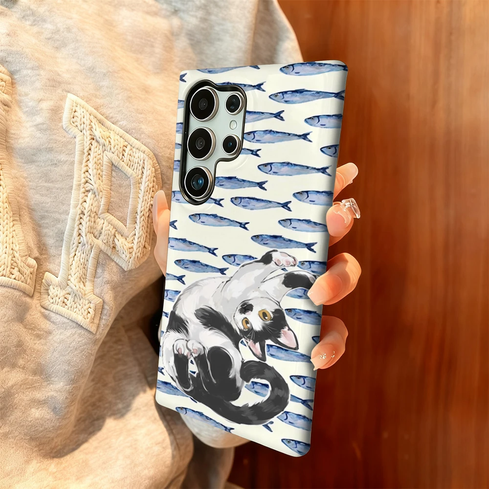 Funda de teléfono divertida con diseño de gato y pez para Samsung Galaxy S25 Ultra S24 S23 Ultra Plus, funda trasera de doble capa a prueba de golpes